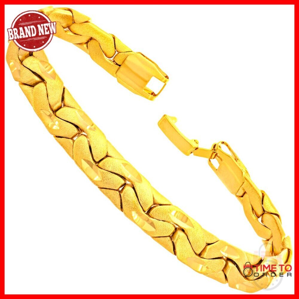 24k Gold Plated Link Bracelet, 7.5mm Brushed Riccio, 9 Inch Length